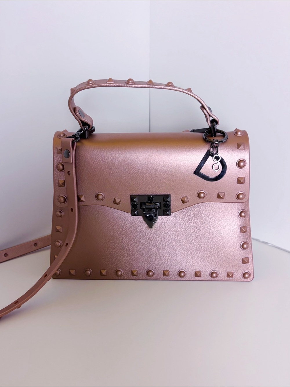 Studded Metallic Rose Rivet Crossbody Top Handel Faux Leather Unlined Handbag
